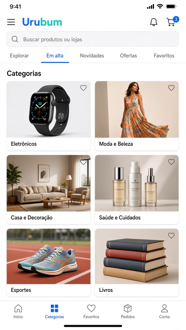 Categorias do marketplace com fotografias de produtos